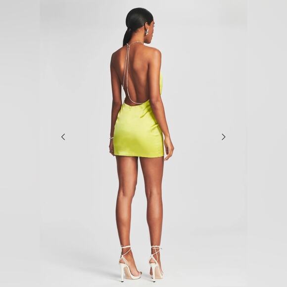RETROFETE Anahita Silk Dress Mini Cocktail Halter Jewel Strap Neon Yellow NEW - Picture 6 of 10